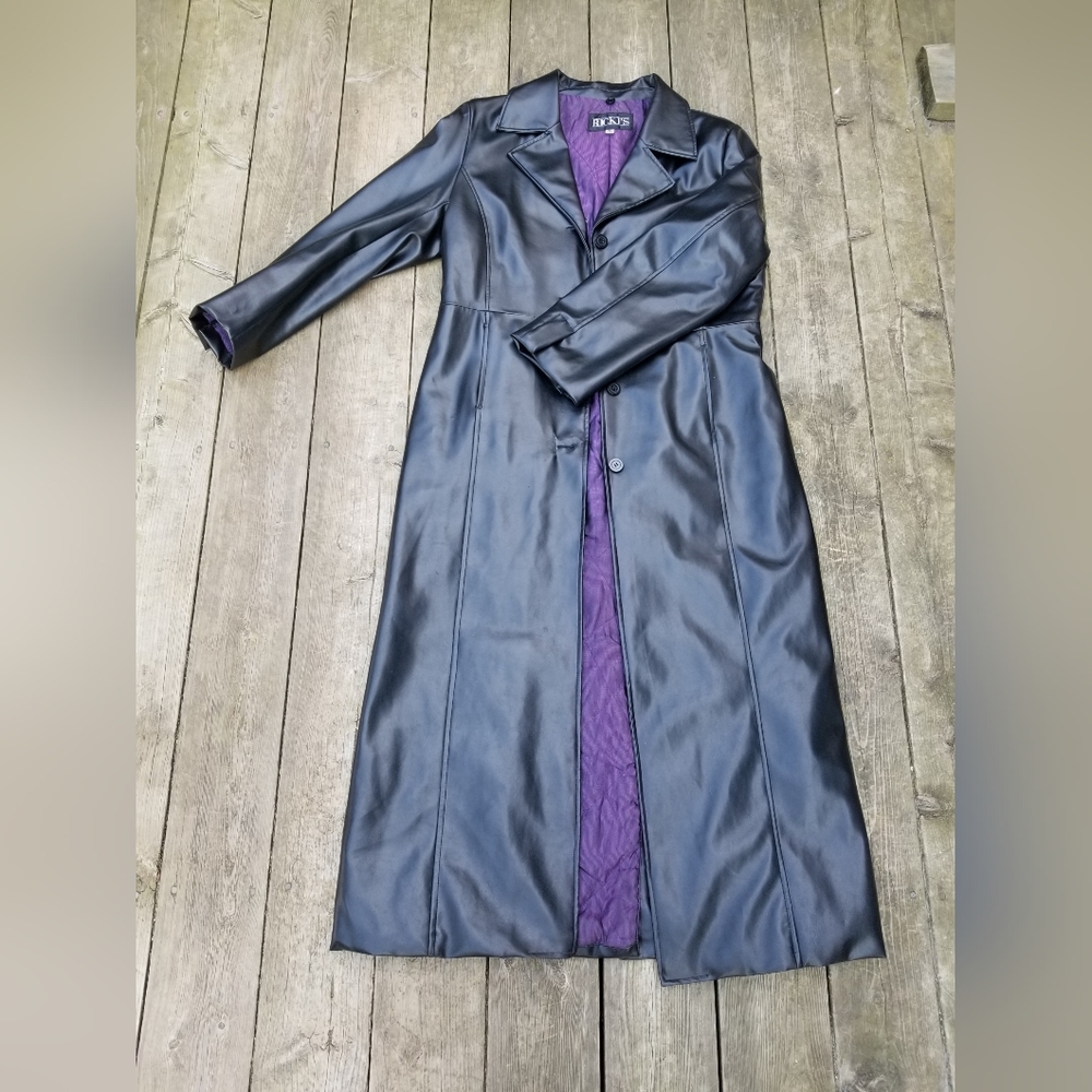 Rickis Black Faux Leather Full Length Jacket, Size Large